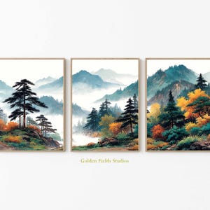 Tríptico de bosque de montaña colorido: conjunto de impresiones de pósteres de naturaleza vibrante