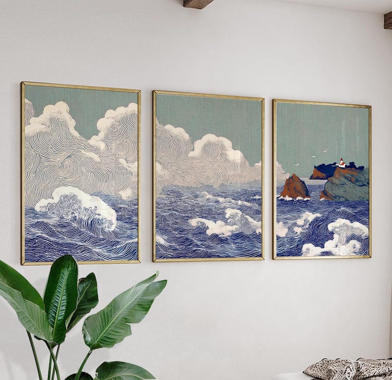 Blue Ocean Wave Posters Set of 3 | Coastal Lighthouse Triptych Wall Art ...