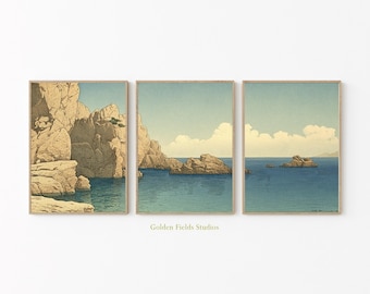 Rocky Coast Poster Set Of 3 | Coastal Seascape Wall Art | Blue Sand Tones