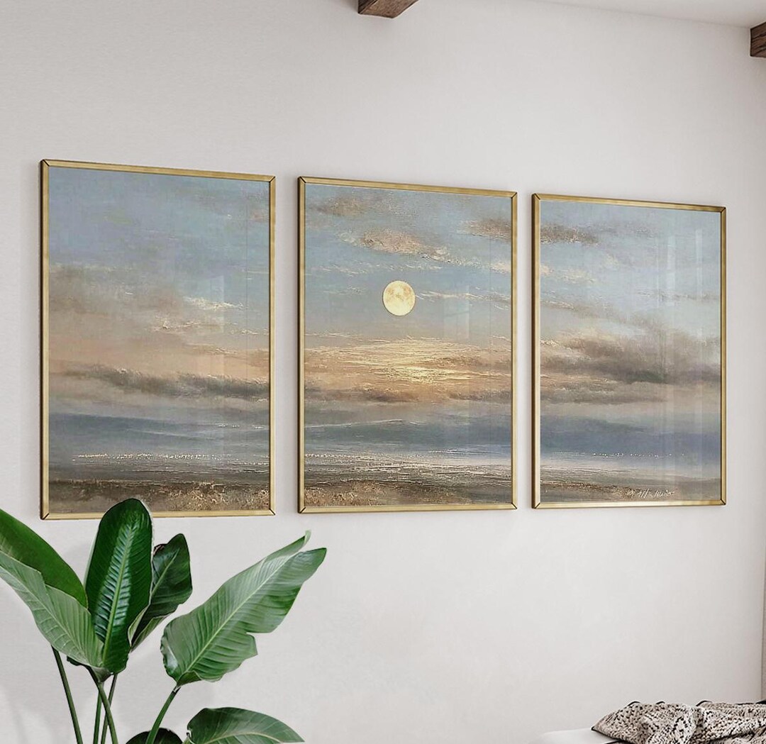 Moonlit Landscape Wall Art Posters Set of 3 | Soft Sky Horizon Nature ...