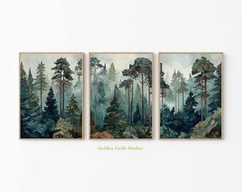 Wald Wand Kunst 3er-Set: Grüne Pine Landschaftsdrucke