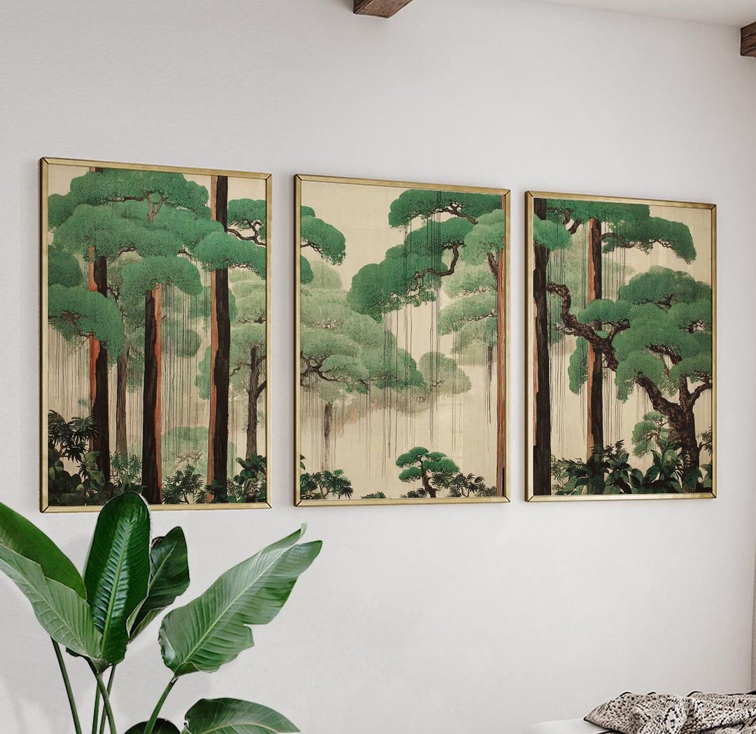 Set of 3 Posters | Green Forest Wall Art | Japanese Style Tree ...