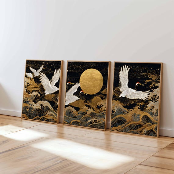 Japanese Crane Print Set of 3: Gold Moon & Ocean Waves Oriental