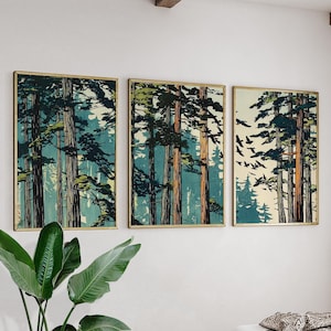 Set med 3 posters | Väggkonst med japansk skog och tallar | Triptyk med vintage-skogslandskap