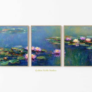 Water Lily Wall Art, Monet Style Triptych, Impressionist Pond Print, Floral Nature Poster Set, Vibrant Lake Decor, Golden Fields