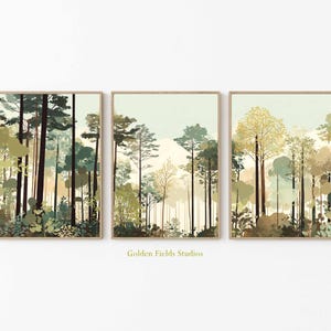 Forest Tree Triptych Wall Art, Minimalist Woodland Poster Set, Scandinavian Nature Print, Calm Green Landscape for Bedroom or Living Room