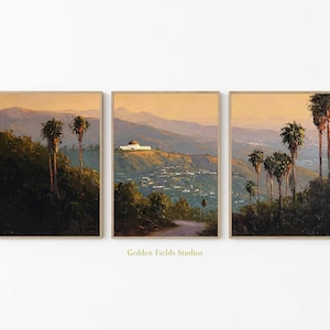 Griffith Observatory Poster Set of 3, LA Palm Trees Wall Art, Sunset Hills Triptych Print, California Landscape Poster Decor