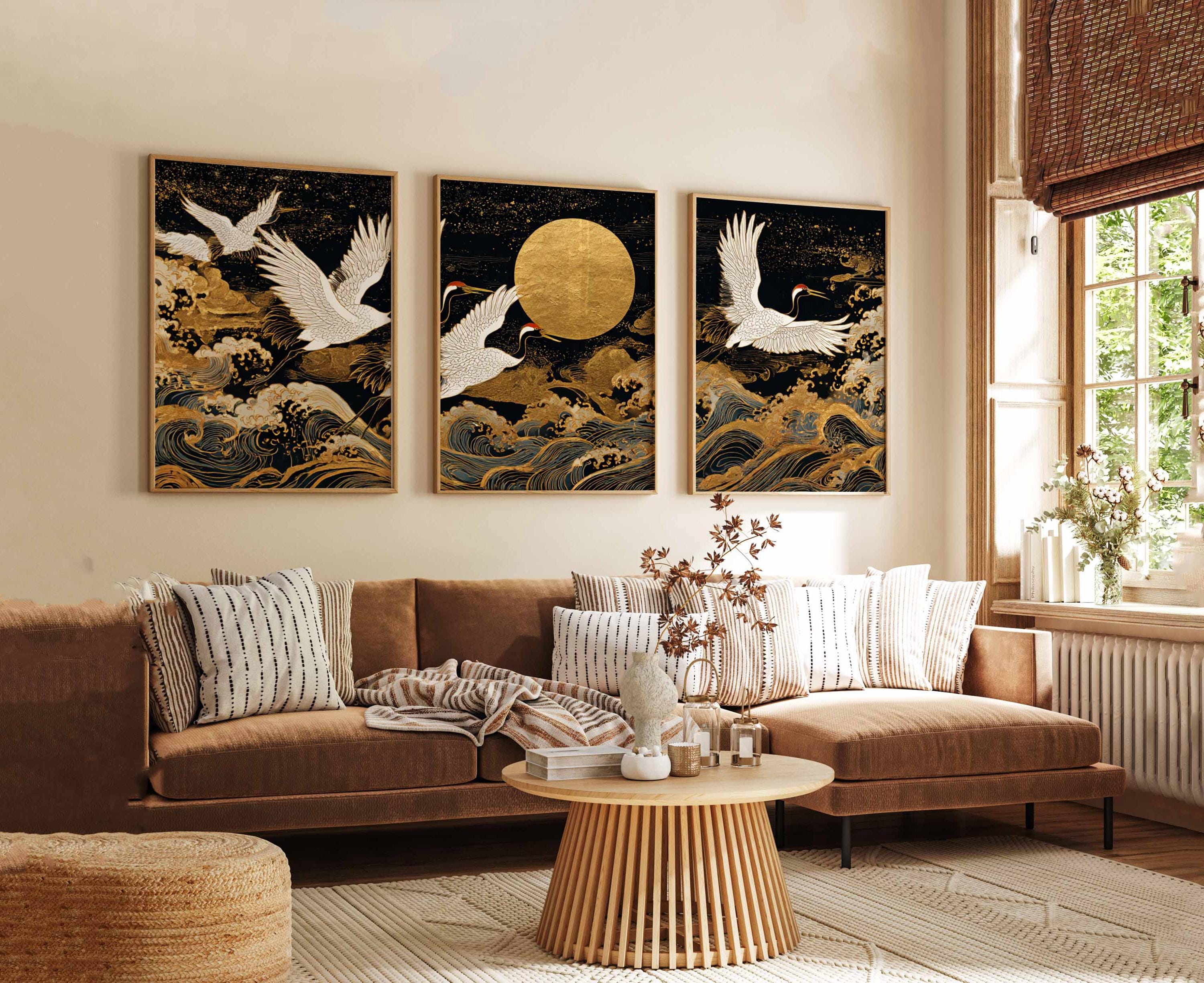 Japanese Crane Print Set of 3: Gold Moon & Ocean Waves Oriental