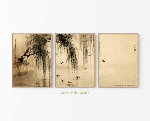禅の水景画 3点セット：中国水墨画 柳の木の版画 - Etsy 日本