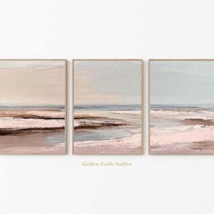 Neutral Coastal Landscape Wall Art Set of 3, Soft Abstract Beach Poster Print, Pastel Ocean Triptych, Minimalist Seaside Home Decor