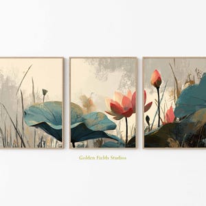 Lotus Flower Wall Art Set of 3, Botanical Watercolor Lotus Prints, Green Leaves and Pink Bloom Asian Style Decor