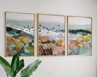 Set Of 3 Posters | Botanical Landscape Wall Art | Birds In Flight Nature Triptych