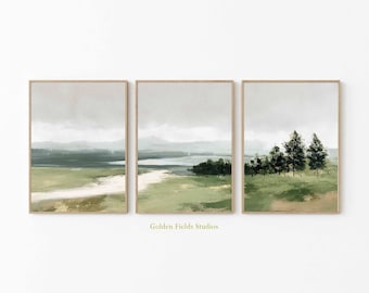 Conjunto de impresiones de paisajes abstractos: tríptico de pared en tonos neutros y verdes