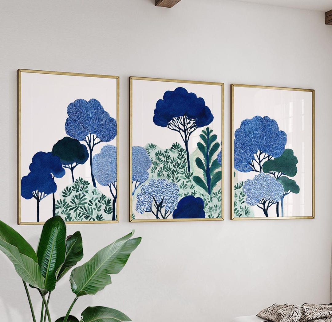 Sublime Tree Poster Abstract Blue Tree Triptych | Set of 3 Botanical Forest Posters | Navy ...