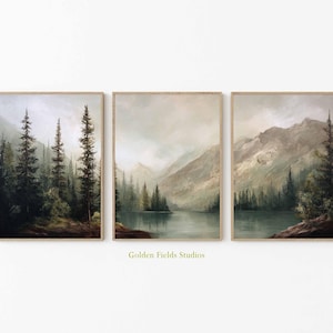 Forest Lake Prints Set of 3: Moody Mountain Landscape Art