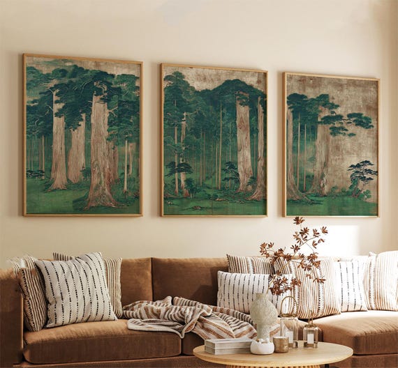 Green Japanese Forest Poster Set of 3 | Vintage Tree Landscape