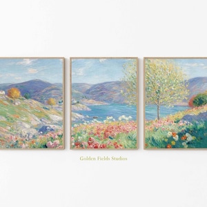 Pode incluir: Conjunto de três impressões de arte de paisagens emolduradas. Cada impressão apresenta uma pintura impressionista colorida de uma paisagem cénica com montanhas, água e flores. A obra de arte está numa paleta de cores claras e pastel.