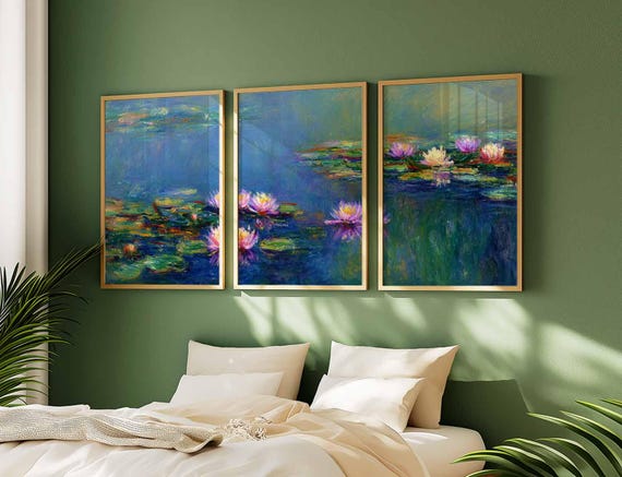 Monet Style Water Lily Triptych: Impressionist Pond Art Print Set