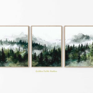 Juego de 3 impresiones de paisaje forestal para pared, con acuarela de pinos de montaña, póster de naturaleza, decoración de bosque verde para sala de estar.