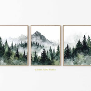 Juego de 3 impresiones de paisaje forestal para pared, con acuarela de pinos de montaña, póster de naturaleza, decoración de bosque verde para sala de estar.