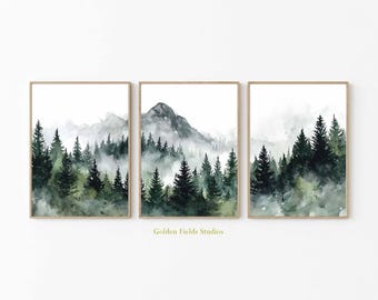 Watercolor Forest Landscape Print Set: Mountain Pine Tree Wall Art
