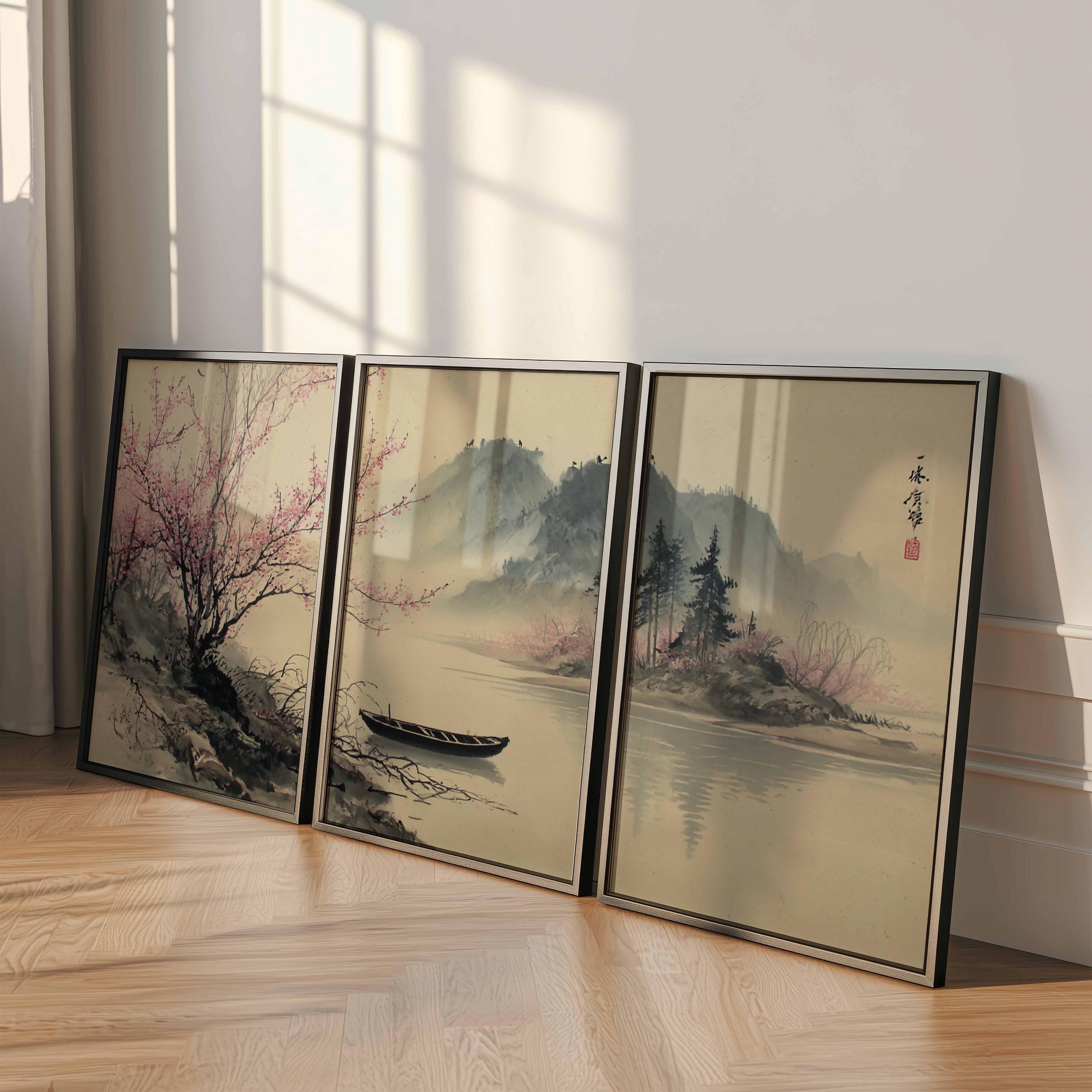 Japanese Cherry Blossom Wall Art Set: Zen Asian Landscape Triptych - Etsy