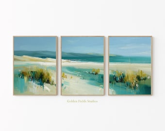 Abstract Coastal Poster Set Of 3 Blue Green Seascape Wall Art Print, Modern Impressionist Ocean Landscape Painting
