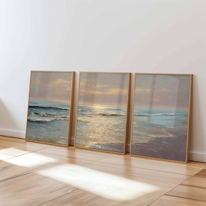 Juego de 3 pósteres de atardecer en el océano: arte mural de playa dorada, impresión de olas costeras, decoración de paisaje marino sereno para dormitorio o sala de estar