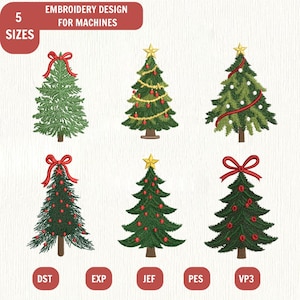 May include: Six distinct machine embroidery designs of Christmas trees. The top row shows a plain tree with a red bow, a tree with gold garland and red ornaments, and a tree with white ornaments and a red ribbon. The bottom row features three trees decorated with red ornaments and red bows. Text reads: EMBROIDERY DESIGN FOR MACHINES, 5 SIZES, DST, EXP, JEF, PES, VP3.