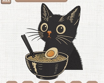 Funny Black Cat Ramen Embroidery Design, Japanese Anime Kwaii (Digital Download)