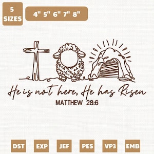 K&ouml;nnte beinhalten: Ein braunes Strichdesign mit einem Kreuz, einem Schaf und einem Grab mit Sonnenstrahlen. Der Text lautet "He is not here, He has Risen, Matthew 28:6." Enth&auml;lt Gr&ouml;&szlig;en von 10 cm bis 20 cm.