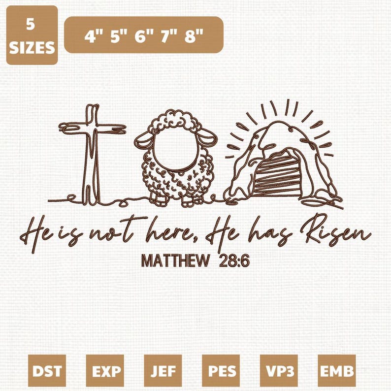 K&ouml;nnte beinhalten: Ein braunes Strichdesign mit einem Kreuz, einem Schaf und einem Grab mit Sonnenstrahlen. Der Text lautet "He is not here, He has Risen, Matthew 28:6." Enth&auml;lt Gr&ouml;&szlig;en von 10 cm bis 20 cm.