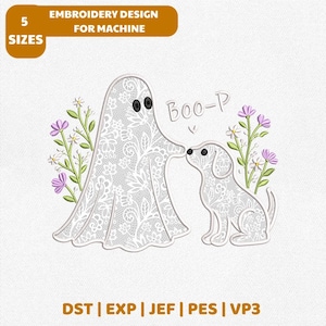 May include: An embroidery design for machine featuring a white lace-patterned ghost and a matching lace-patterned puppy. The design includes purple and green floral accents, the text "BOO-P", and a small heart. File formats include DST, EXP, JEF, PES, and VP3.
