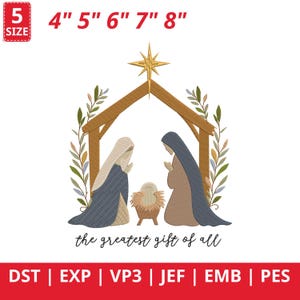 El mayor regalo de todos: Archivo de bordado cristiano, Diseño bordado navideño de la Natividad, Versículo bíblico navideño, Descarga instantánea