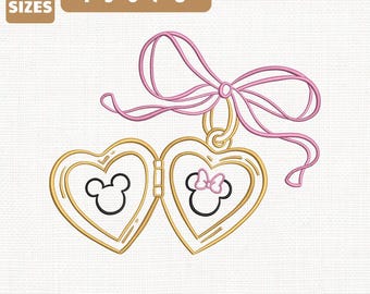 Valentine Bow Heart Locket Machine Embroidery File, Coquette Mouse Head Outline Embroidered File, Valentine'S Day Digital, Instant Download