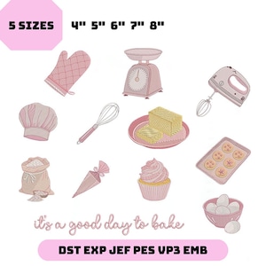 May include: An illustration featuring baking equipment such as a pink oven mitt, chef's hat, and a mixer. The image also includes a cupcake, a bowl of eggs, and the text "it's a good day to bake". The image also includes the text "5 SIZES" and measurements from 10cm to 20cm.
