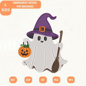 May include: An embroidery design for machines featuring a white ghost wearing a purple witch hat with an orange buckle. The ghost holds an orange jack-o'-lantern in one hand and a brown broom in the other. Text includes 5 SIZES, DST, EXP, JEF, PES, VP3.