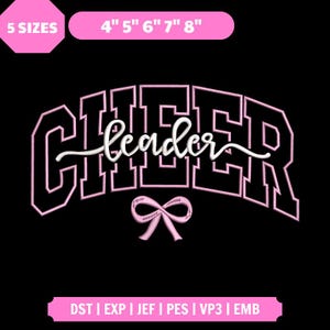 May include: A black background with the word "CHEER" in a pink, block letter font, with "leader" in a cursive font. A pink bow is below the word "leader". The image also includes text indicating sizes and file types.