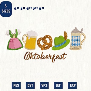 May include: An embroidery design featuring a green and pink dirndl, a beer mug with foam, a brown pretzel, a green hat with a feather, and a blue and white patterned beer stein. The text reads Oktoberfest. Available in 4, 5, 6, 7, and 8 inch sizes.