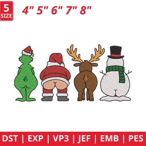 Pode incluir: Desenhos de Natal bordados com o Grinch, o Pai Natal, uma rena e um boneco de neve, cada um com as suas traseiras visíveis. A imagem inclui opções de tamanho de 10,16 cm a 20,32 cm e opções de tipo de ficheiro. Um tema festivo e humorístico.