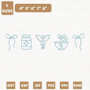 May include: A light blue embroidery design set featuring medical symbols, including a pill bottle, caduceus, and mortar and pestle. The design is available in 5 sizes, ranging from 4 to 8 inches. The image also includes file type abbreviations.