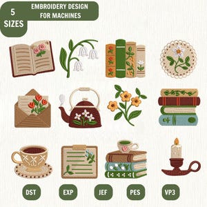 May include: A collection of twelve machine embroidery designs featuring an open book with flowers, lily of the valley, a row of books, a floral circle, an envelope with flowers, a teapot, yellow flowers, stacked books, a teacup, a notepad, books with a cup, and a candle in a holder. Text reads: EMBROIDERY DESIGN FOR MACHINES, 5 SIZES, DST, EXP, JEF, PES, VP3.