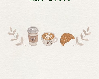 Coffee and Croissant Embroidery File, Cozy Design (Digital Download)