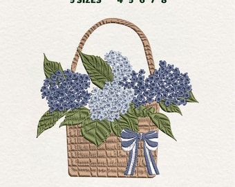 Blue Hydrangea Flower Machine Embroidery File, Coquette Hydrangea Baskets Bow Embroidered File, Floral Digital, Instant Download