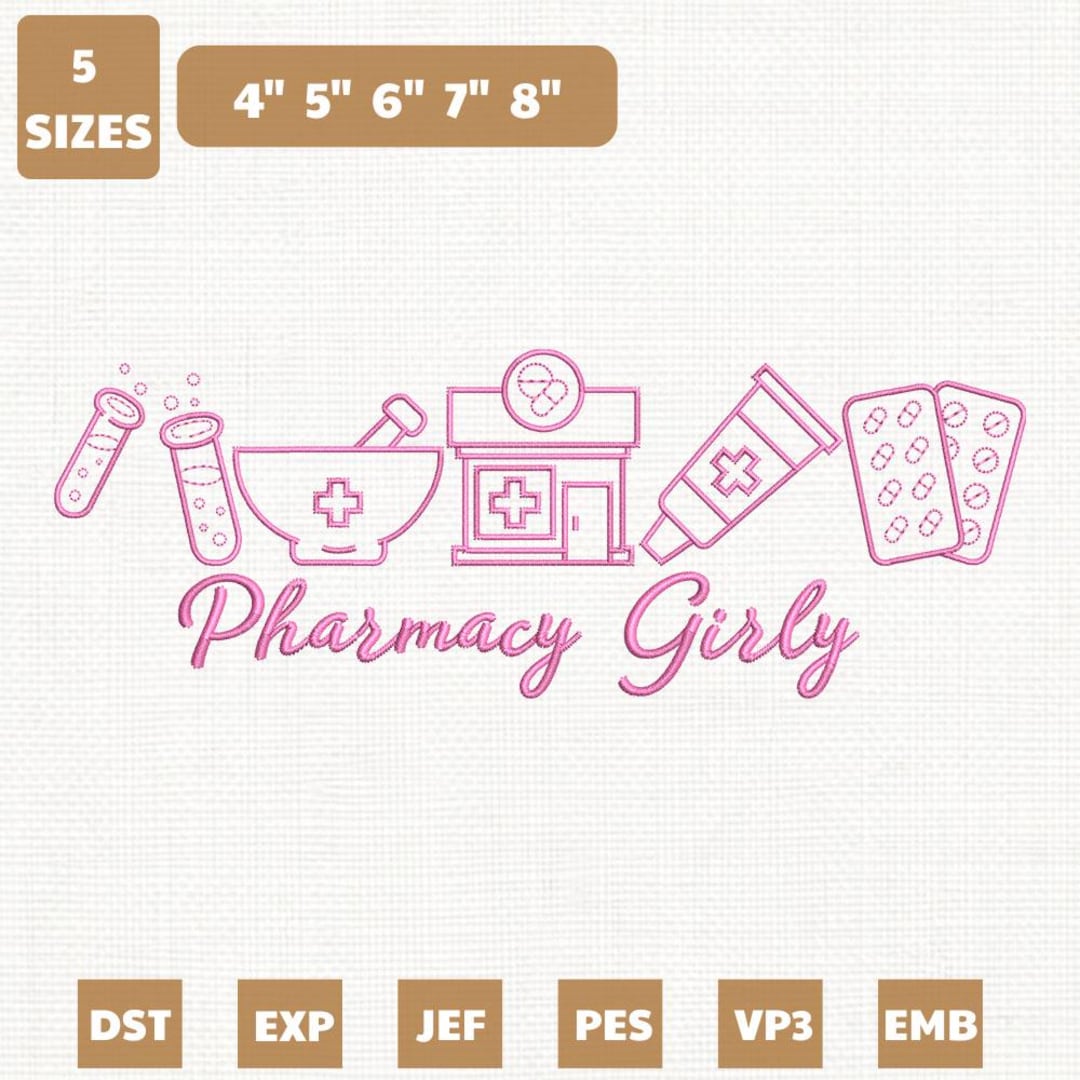 Pharmacy Girly Icons Machine Embroidery File, Coquette Pharmacy Tech ...