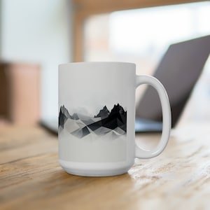 Geometric Mountain Range Mug | 15 oz White Ceramic Cup | Modern Gray Mountain Design | Outdoor Lover Gift | Minimalist Home Decor