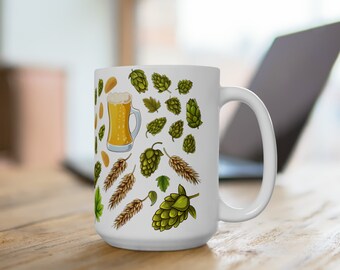 Craft Beer Lover Mug - 15 oz White Ceramic Cup | Hop Cones & Malt Design | Unique Beer Enthusiast Gift | Homebrew Coffee Mug