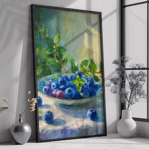 Blueberries Still Life Painting: Rustic Farmhouse Kitchen Art (Digital Download)