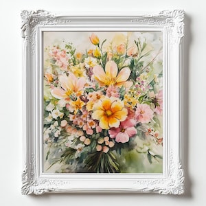 Watercolor Floral Art Print, Botanical Bouquet Wall Decor, Digital Download, Home Decor, Floral Artwork
