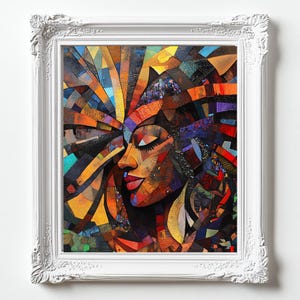 Vibrant African Woman Digital Art Print - Afrocentric Cubism Wall Art & Black Woman Abstract Portrait for Modern Home Decor
